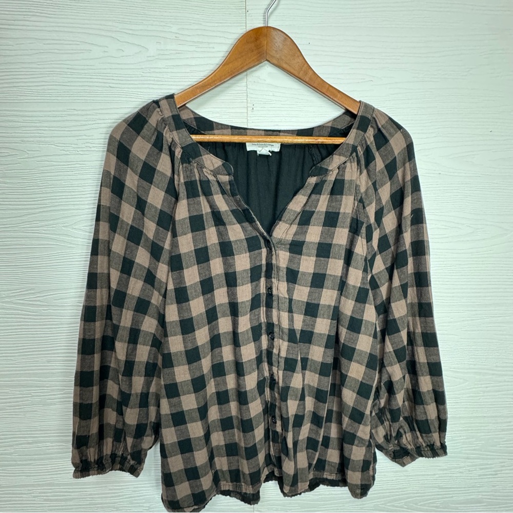 Beachlunchlounge Black and Tan Gingham Plaid Blouse Cotton Large - Picture 3 of 8